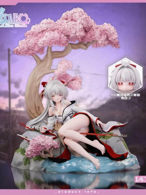 Hiyuki seated beneath a pink-blossomed tree with a sword across her lap, a rocky water base, and a VIP Snow Dango preview inset.