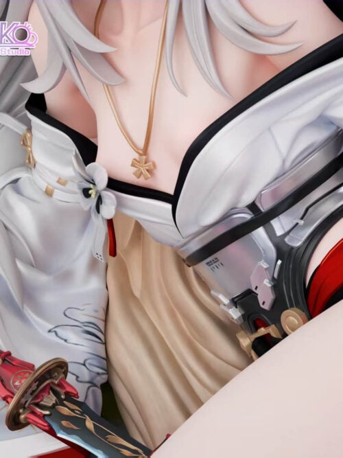Close-up of Hiyuki's white outfit, flower ornament, gold pendant, metallic waist panels, and partially drawn sword.