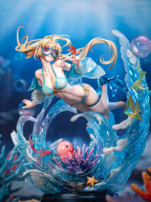 cfs004462 02 Lanxi in diving goggles and a turquoise bikini reaches toward a red fish above curling blue waves, purple coral and a pink octopus.