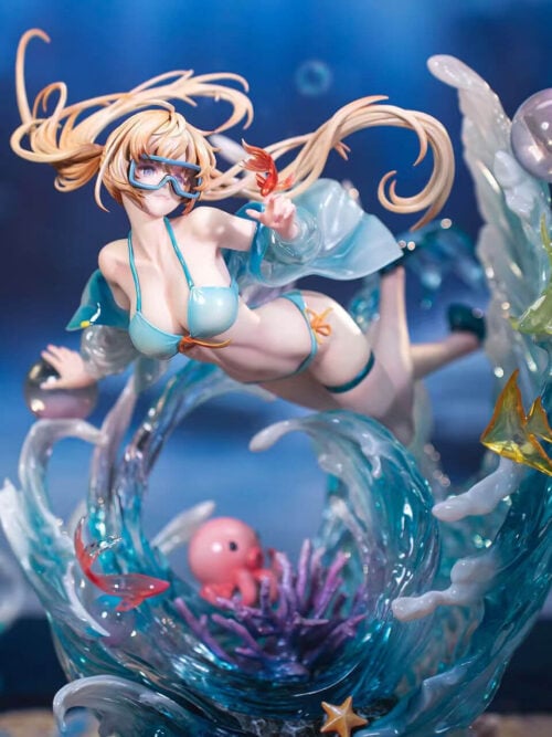 Closer view of Lanxi's diving goggles, flowing blonde hair and translucent jacket, with colorful fish beside the rising blue wave.