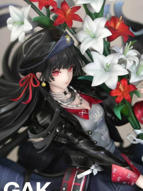 Close-up of Chisa's red eyes, tilted beret, layered necklaces and black jacket beside a bouquet of red and white lilies.