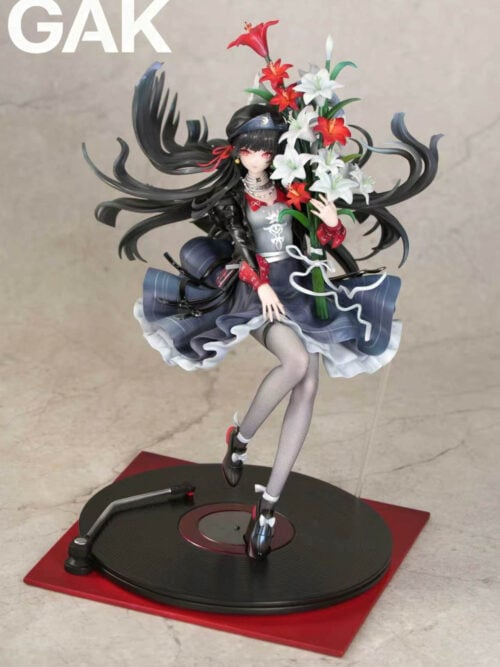 Front view of Chisa with a tall lily bouquet, flared skirt and bow-trimmed shoes above a black record and red square base.