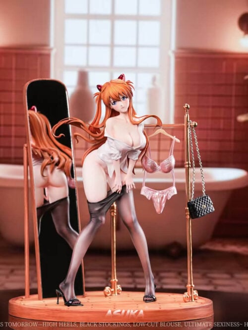 cfs004465 04 Front view of the Asuka figure with a standing mirror, clothing rack and oval base against a bathroom backdrop.