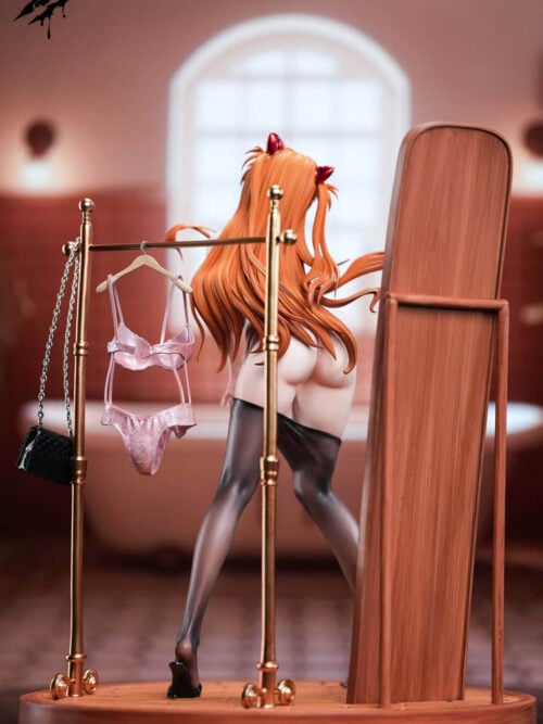 Rear view of the Asuka display showing the mirror backing and support, clothing rack, handbag and oval base.