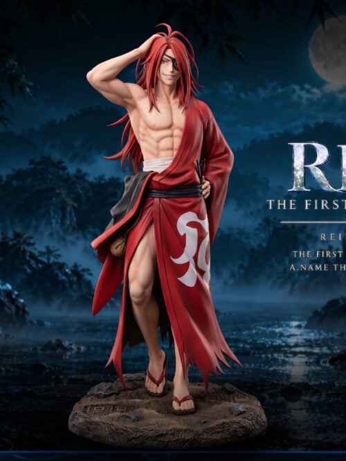 cfs004466 01 Front view of Reid Astrea with one hand on his head, a black eyepatch and a red robe, standing on a rocky base.