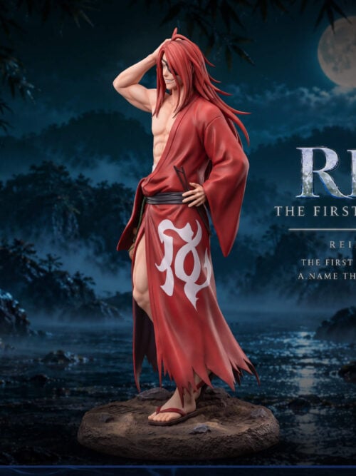 Three-quarter view of Reid Astrea showing long red hair, a white motif on his red robe and dark sticks held beside his sash.