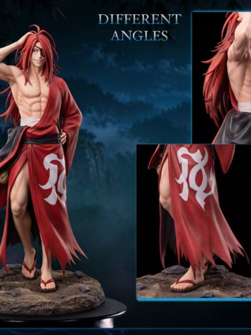 Reid Astrea full-statue view with inset close-ups of his side profile, layered red hair, robe motif and sandals.