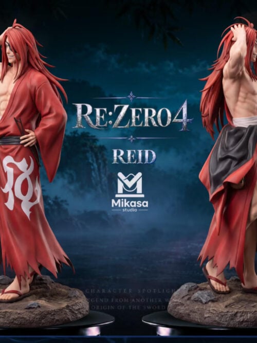 Two side-angle views of the same Reid Astrea statue, showing the red robe, long hair, raised arm and rocky base.