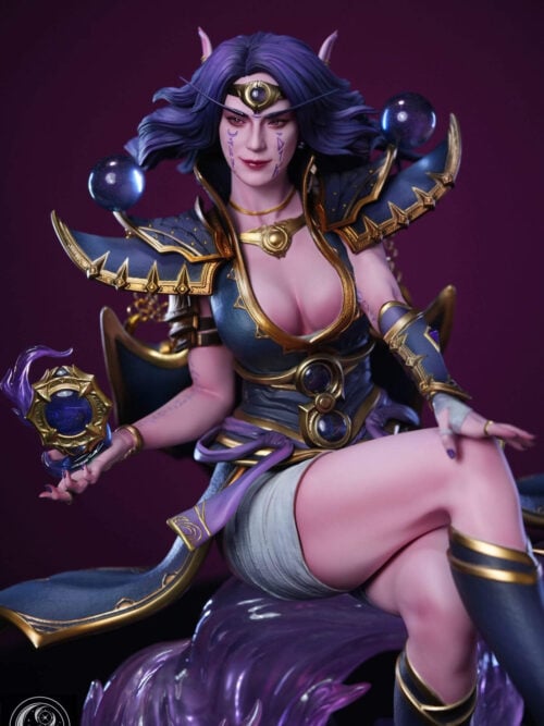 Front close-up of Xal'atath with purple facial markings, gold-edged shoulder armor, a gold-framed orb and crossed legs.