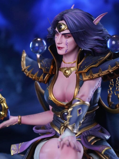 Three-quarter close-up of Xal'atath with swept purple hair, pointed ears, facial markings and gold-edged shoulder armor.