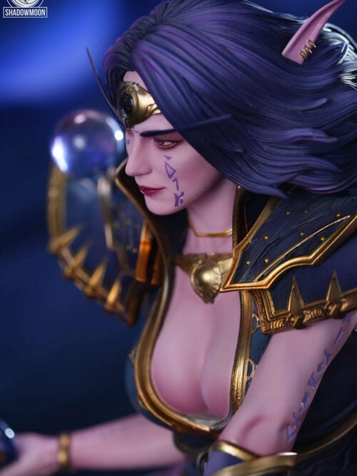 Close-up of Xal'atath's face, purple cheek markings, gold forehead ornament, pointed ear and layered purple hair.