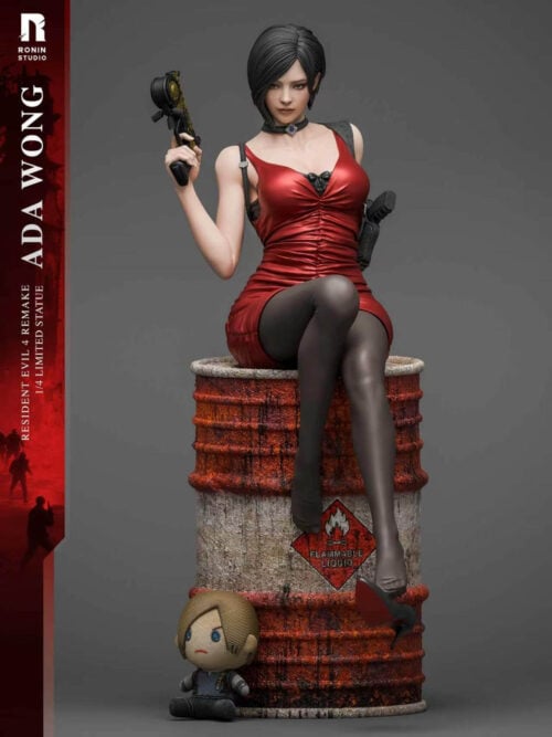 Ronin Studio Ada Wong in a red dress and black hosiery, seated on a weathered barrel with a small blond doll beside it.
