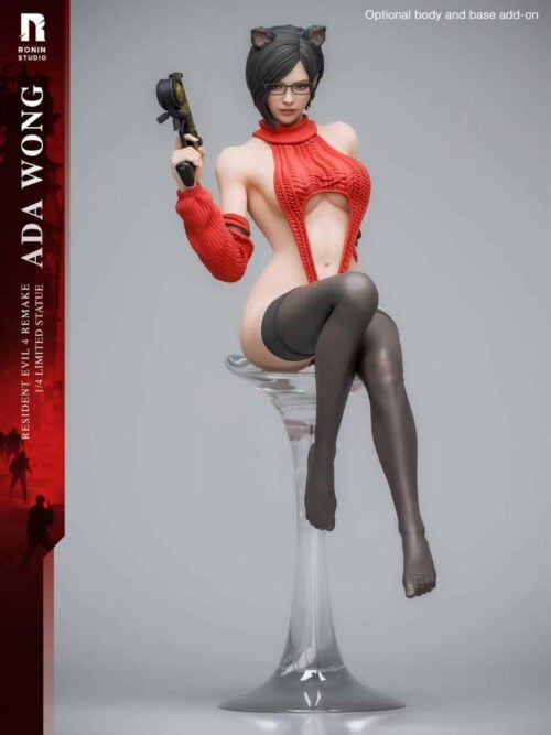 Ada Wong in cutout red knitwear, cat ears and glasses on a clear pedestal, labeled as an optional body and base add-on.