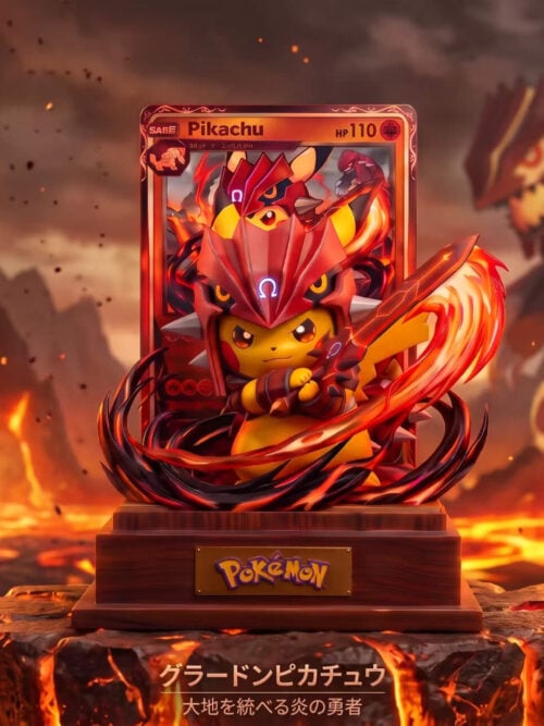 Groudon Costume Pikachu with a sword, flame effects, illustrated card backdrop and stepped base against a volcanic background.