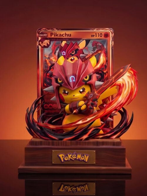 Front view of Groudon Costume Pikachu with a red spiked helmet, sword, curling flame effects, card backdrop and Pokémon nameplate base.