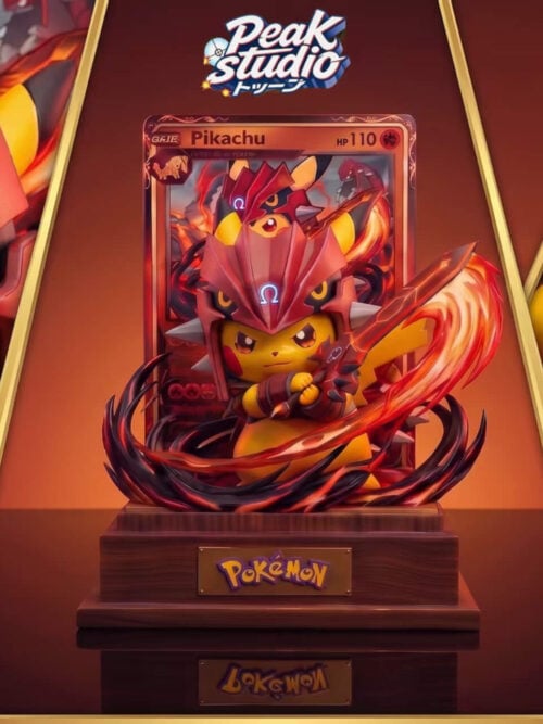 Three-panel collage showing Groudon Costume Pikachu's helmet and face, full display, and close-up of the sword and flame effects.