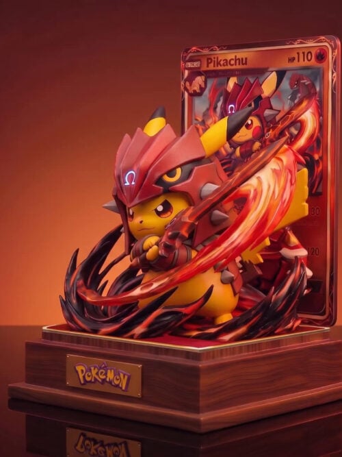 Three-quarter view of Groudon Costume Pikachu showing the sword, sweeping flame effects, illustrated card and stepped nameplate base.