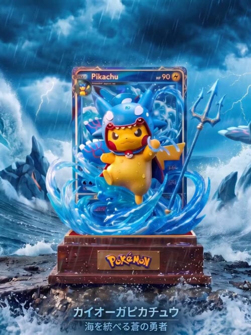 Kyogre Costume Pikachu with a blue hood, trident, wave effects, card backdrop and stepped base against a stormy ocean background.