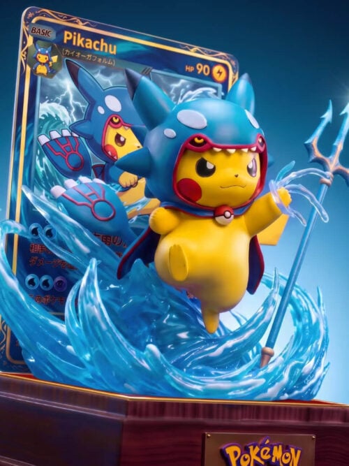 Angled close-up of Kyogre Costume Pikachu showing the blue hood, Poké Ball clasp, raised foot, trident and curling wave effects.