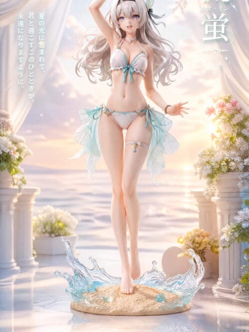 cfs004473 01 Firefly in a white and aqua swimsuit on a wave-edged sandy base, with Summer Memories lettering and a seaside backdrop.