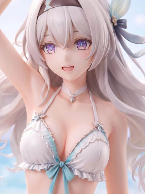Close-up of Firefly's smiling face, purple eyes, silver hair, dark headband and aqua hair ornament.