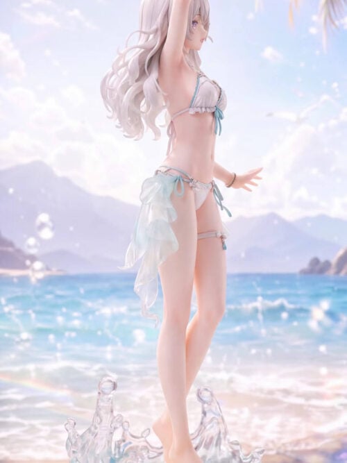 Right-facing side view of Firefly with one arm raised overhead, translucent aqua drapes and a wave-edged sandy base.