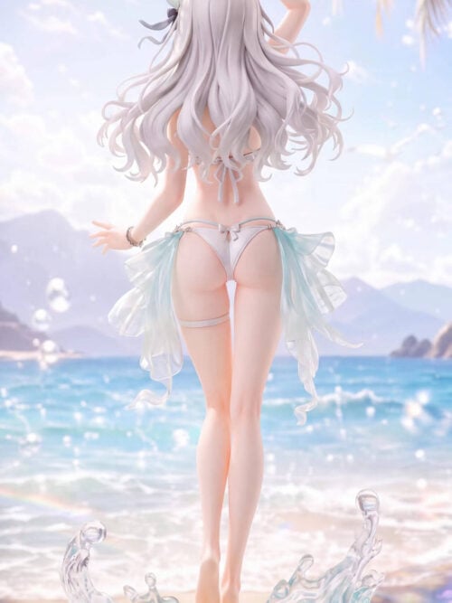 Full rear view of Firefly with one arm raised, flowing silver hair, swimsuit ties and translucent waves around the base.
