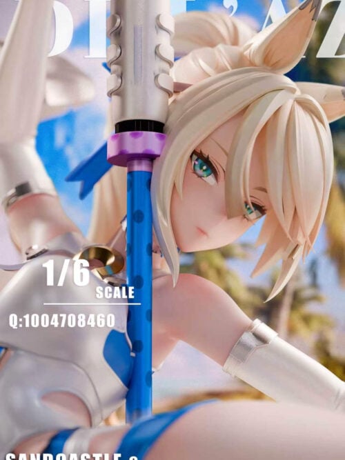 Close-up of Sigrid de L'Azur's face, pale hair and blue-and-silver spear, with MiYin Studio branding.