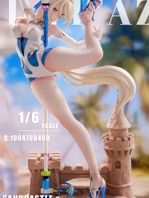 cfs004474 03 Sigrid de L'Azur statue balancing on one leg with an upright spear, flowing pale tail and sandcastle base.