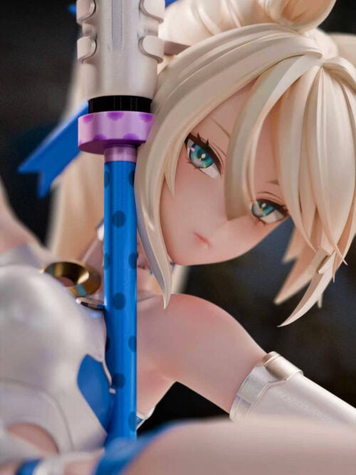 Close-up of Sigrid de L'Azur's turquoise eyes, pale bangs and pointed ear beside the blue spear shaft.