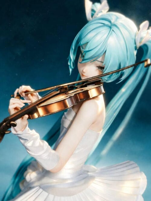 Three-quarter close-up of Hatsune Miku holding a violin beneath her chin, with turquoise hair, white gloves and a pleated skirt.