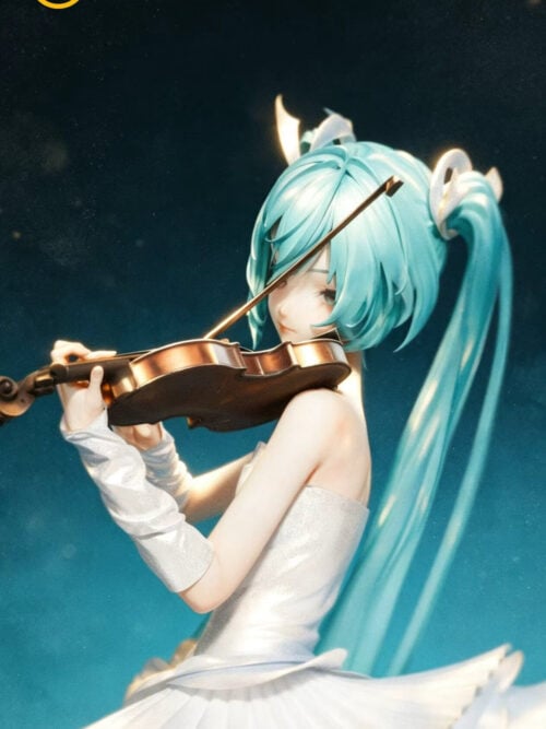 Close-up of Hatsune Miku with a diagonal violin bow across her turquoise hair, a lowered gaze and white hair ornaments.
