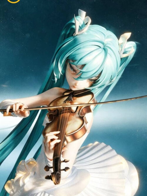 Close-up of Hatsune Miku looking down at her violin, showing the strings, bow, both hands and white pleated gown.