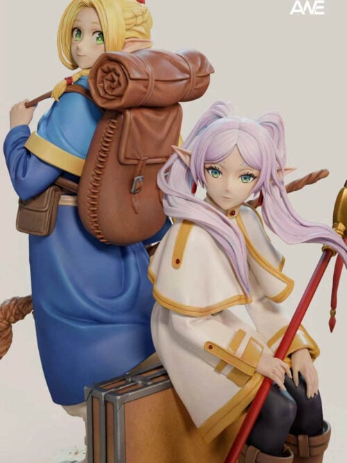 Close-up of Marcille with her backpack and rolled bedroll beside seated Frieren in white-and-gold clothing.