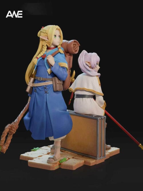Full view of standing Marcille and seated Frieren with a travel case, two staffs and a cracked stone base against black.