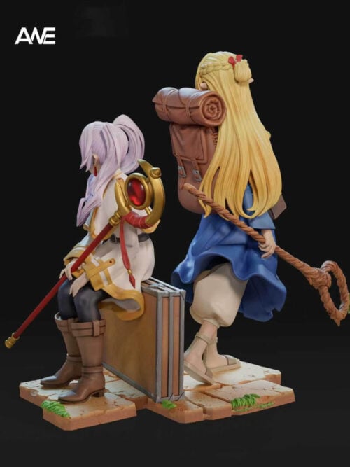 Side view of seated Frieren with her red-and-gold staff and Marcille's backpack, long blonde hair and wooden staff.