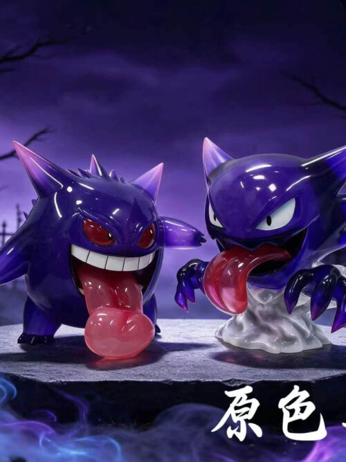 Gengar on the left and Haunter on the right, both shown in translucent purple with extended red tongues against a graveyard backdrop.