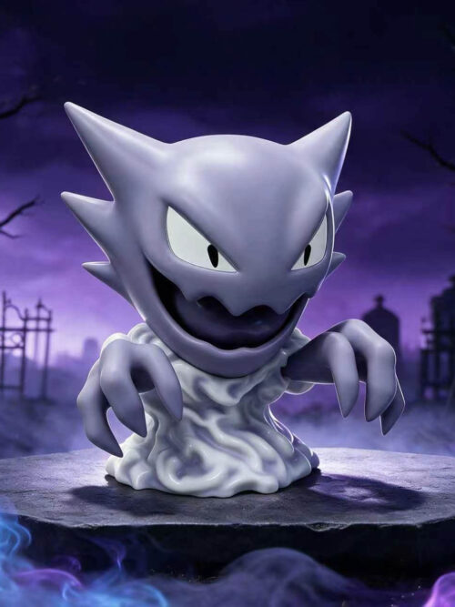 Shiny Color Haunter with a pale gray-purple body, dark mouth interior and outstretched claws above a white smoke-shaped base.