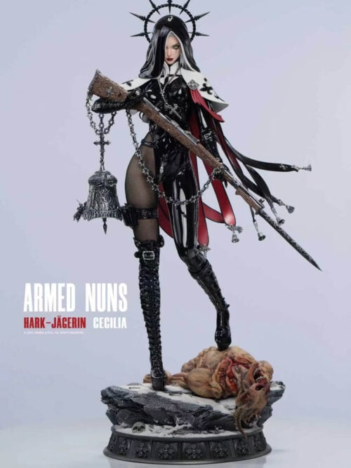 Cecilia statue with regular head, spiked halo and bayonet rifle, standing over a horned creature on a snowy rocky base.