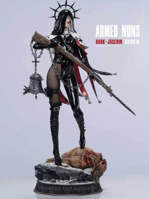 Full three-quarter view of Cecilia with her regular head, long bayonet rifle and one boot resting on a horned creature.