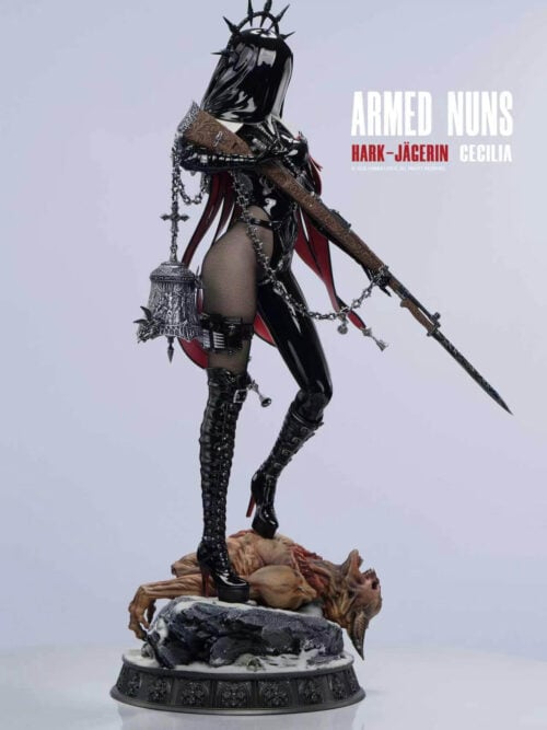 Side-angle view of Cecilia holding a bayonet rifle beside a hanging bell, with the horned creature and snowy base visible.
