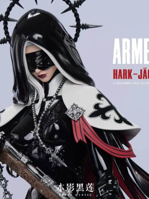 Wide close-up of Cecilia's blindfolded head under a black hood, with white shoulder panels and a rifle across her torso.