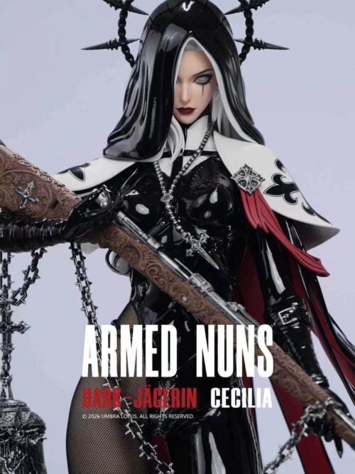 Close-up of Cecilia's regular head beneath a glossy black hood, with white hair, a spiked halo and an ornate rifle.