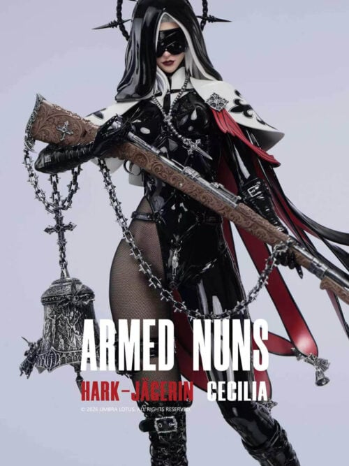 Front detail of Cecilia with her blindfolded head, glossy black outfit, decorated rifle and large hanging bell.