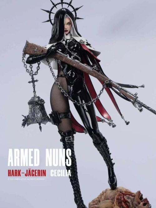 Cecilia with her regular head and spiked halo, holding a rifle above a horned creature; the lower base is outside the frame.