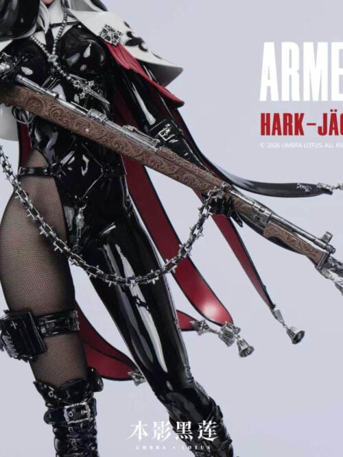 Detail of Cecilia's decorated rifle and long bayonet, with cross-shaped chain links, a hanging bell and red-lined costume strips.
