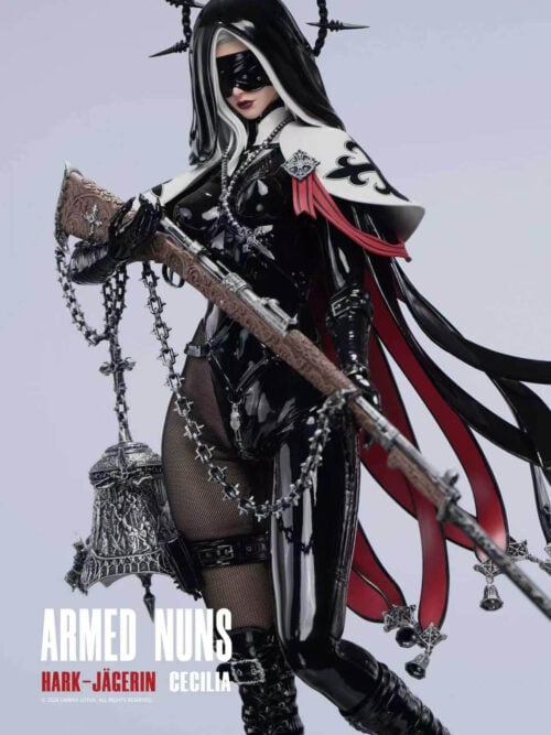 Angled view of blindfolded Cecilia with an ornate rifle, chain-suspended bell and red-lined strips ending in small bells.