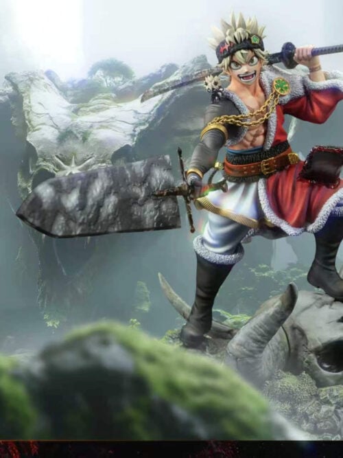 Asta in a red fur-trimmed outfit with two swords above a horned skull base, shown against a misty rocky landscape.