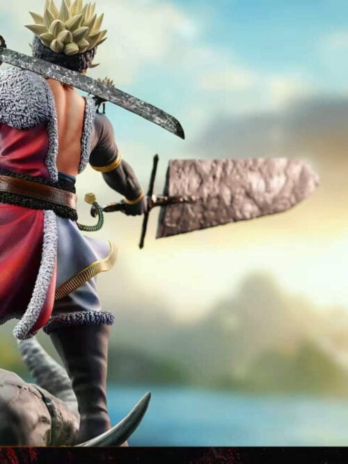 Rear view of Asta with a katana across his shoulders, plus close-ups of the fur-trimmed outfit, belt and open book.