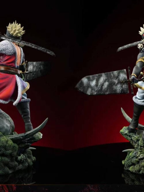 Front and rear views of the same Asta statue, showing two swords, a red fur-trimmed outfit and a horned skull base.